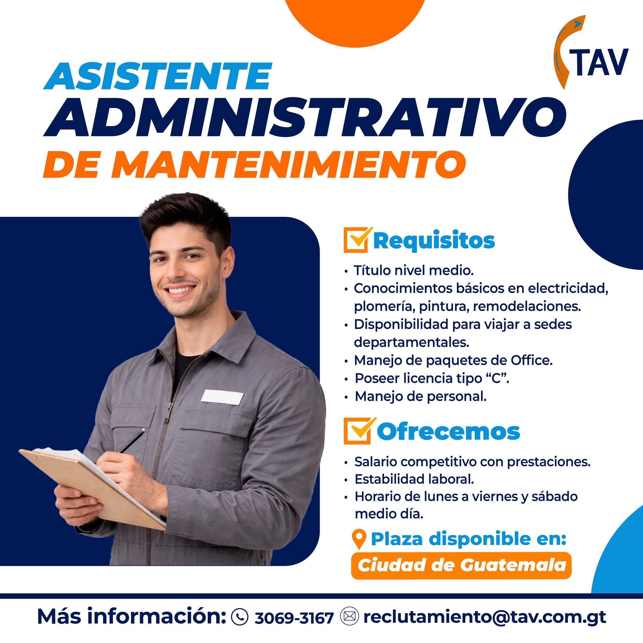 Asistente administrativo de mantenimiento en Ciudad de Guatemala con conocimientos en electricidad, plomería y manejo de personal